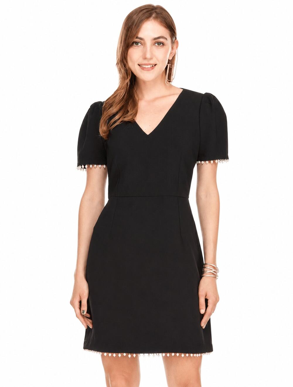 Jade Melody Tam Faux Pearl Mini Dress Womens XL Black Embellished Puff Sleeve